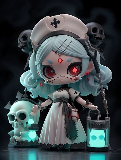 A Doll With Red Eyes And White Hair Is Holding A Lantern In Front Of Skulls