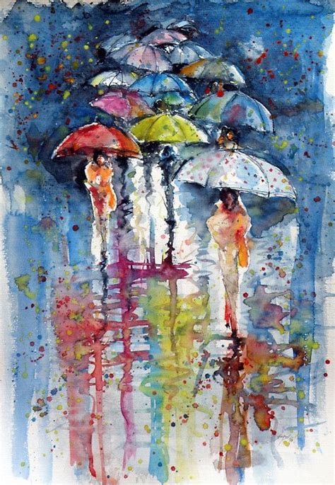 Umbrellas In Rain Umbrella Painting Rain Painting Umbrella Art