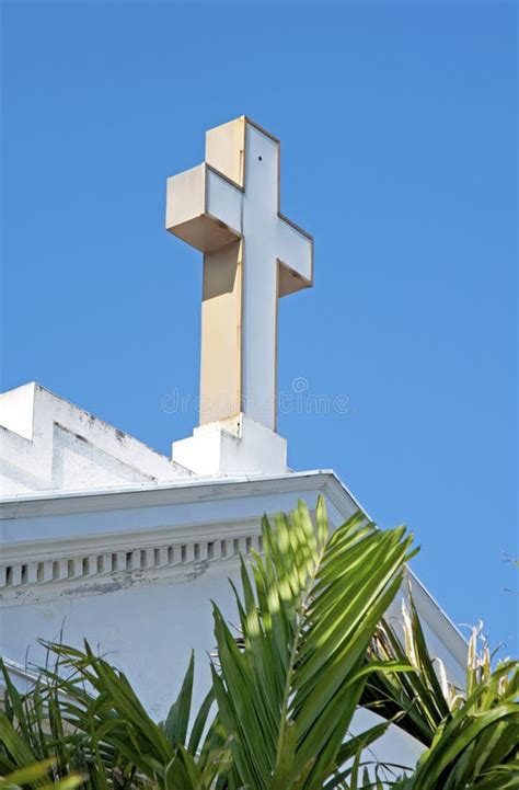 Cross On The Roof Top Of An Old White Church Stock Photo Image Of