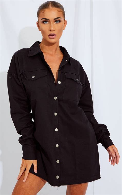 Black Woven Button Up Long Sleeve Shirt Dress Prettylittlething Qa