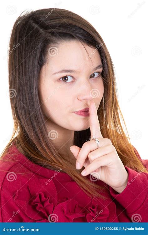 attractive woman asking for silence isolated stock image image of female asking 139500255
