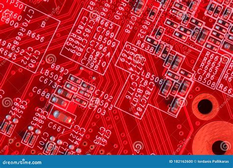 Electronic Printed Circuit Board In Red With Electronic Components Top