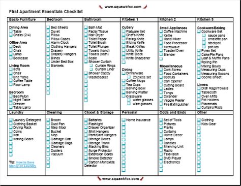 List of 25 essential items you'll need in your new apartment to get started furnishing. Apartment Checklist: Printable First Apartment Essentials ...