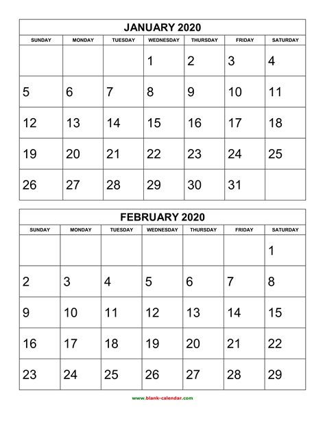 Blank 2020 Calendar Printable 2 Month Calendar Template Printable