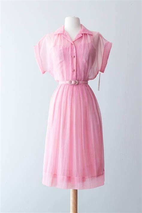 Vintage 1950s Dress Textured Crepe Sheer 50s Bubble Gum Pink Etsy