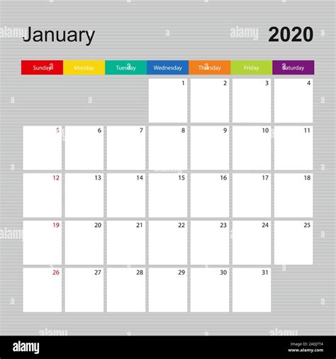 Сalendar Page For January 2020 Wall Planner With Colorful Design Week