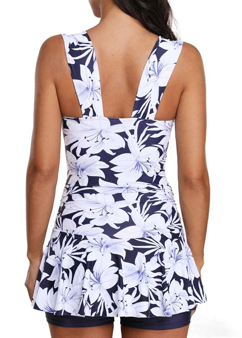 Ruched Flower Print Wide Strap One Piece Swimdress Rosewe Com Usd