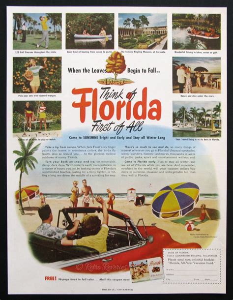 1951 Florida Travel Ad 1950s Beach Vacation When Leaves Begin To