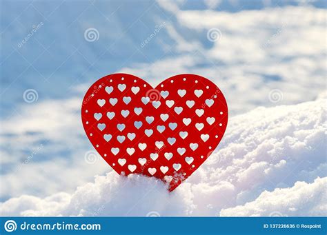 Valentines Day Red Heart In Winter In The Snow Red Wooden