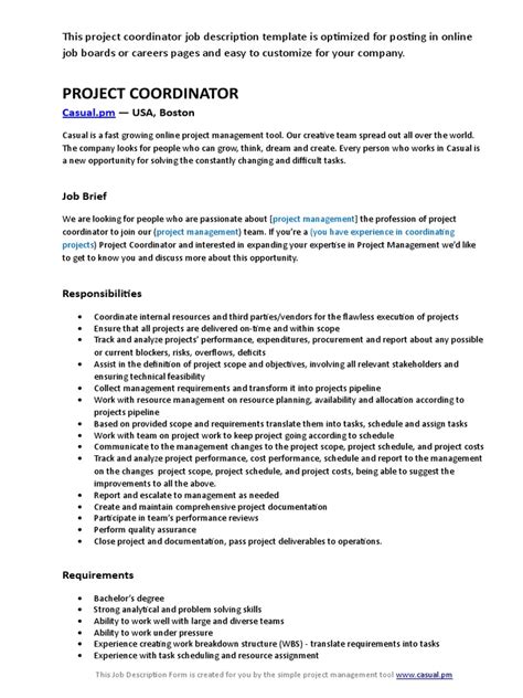 Project Coordinator Job Description Template Project Management