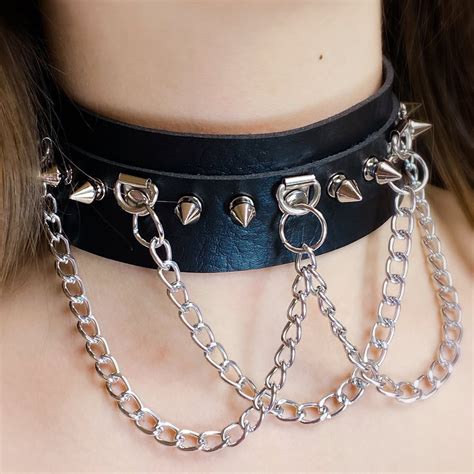 Black Spiked Chained Collar Etsy