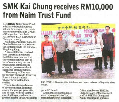 Persembahan daripada kumpulan kombo smk kai chung bintangor sarawak bassist: SMK Kai Chung receives RM10,000 from Naim Trust Fund ...
