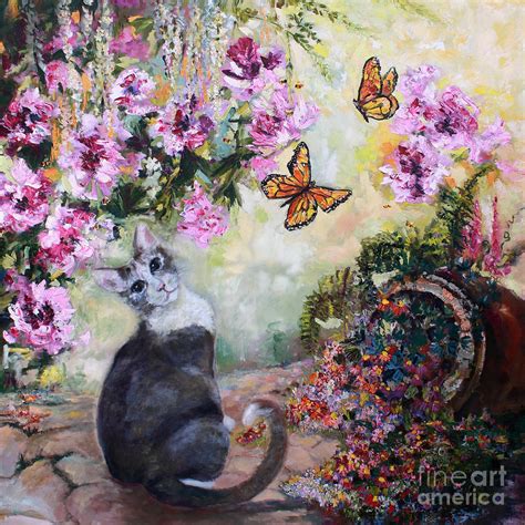 Cat And Butterflies In Cottage Garden Painting By Ginette