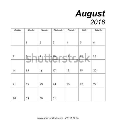 Template Calendar August 2016 Stock Vector Royalty Free 293117234