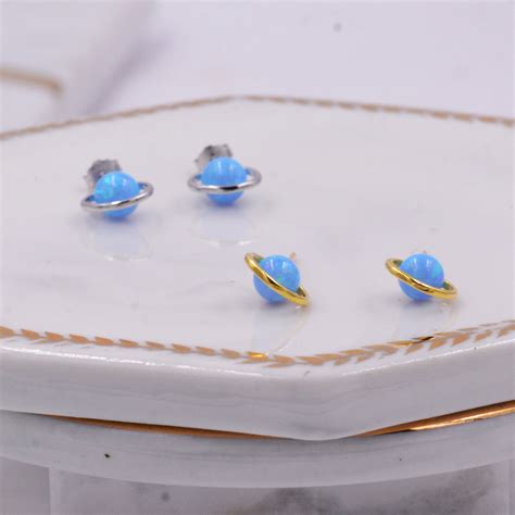 Sterling Silver Blue Planet Opal Stud Earrings Saturn Etsy