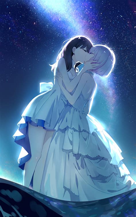 lesbians anime girls wedding dress anime kissing starry night low angle standing in water