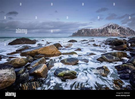 Rocky Coast Of Fjord Of Norwegian Sea In Winter Skagsanden Beach