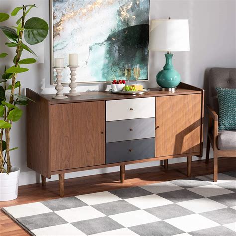 sideboard buffet table medium wood finish with grey gradient drawers