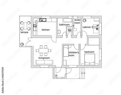Blueprint Suburban House Ground Floor Black And White Floor Plan Of A