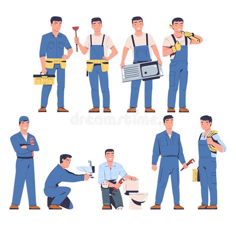 Plumber Electrician And Repairman In Blue Uniform With Tool And