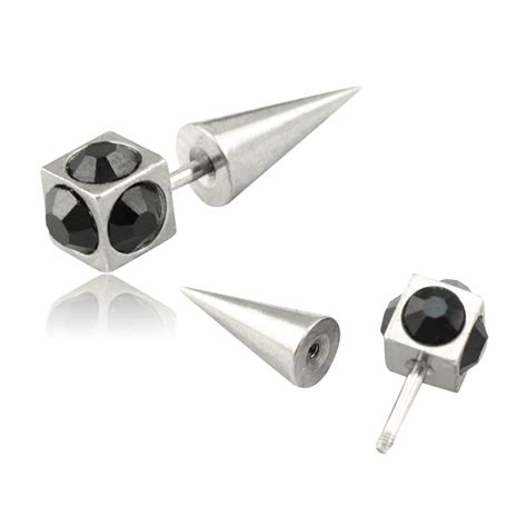 L Stainless Steel Fake Ear Tapers With Black Crystal Cheater Ear Expander Body Piercing