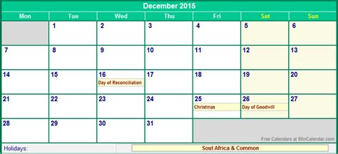 December 2015 South Africa Calendar With Holidays For Printing Image