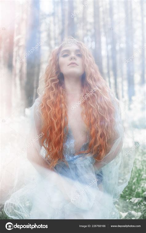 Beautiful Redhead Woman Forest Nymph Blue Transparent Light Dress Woods
