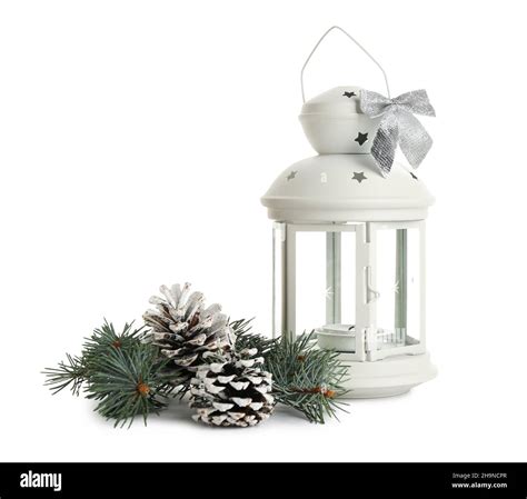 Beautiful Christmas Lantern With Burning Candle Fir Branch And Pine