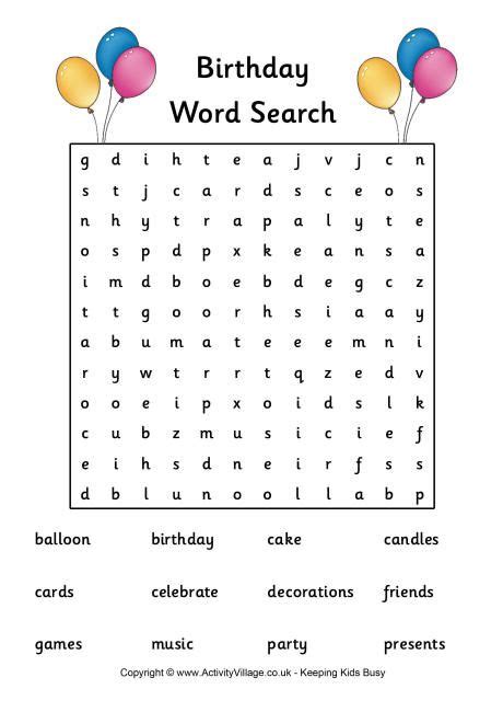Birthday Word Search | Birthday words, Word puzzles for kids, Kids word search