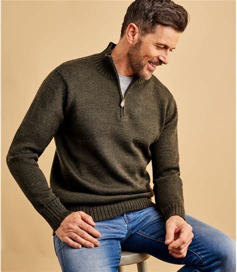Acorn Green Marl Mens Pure Wool Country Zip Neck Jumper Woolovers Au
