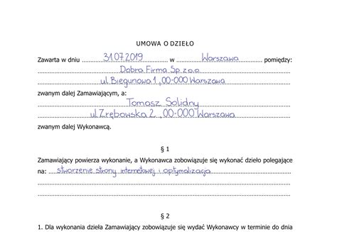 Umowa o dzieło Darmowy wzór do druku Word PDF inEwi