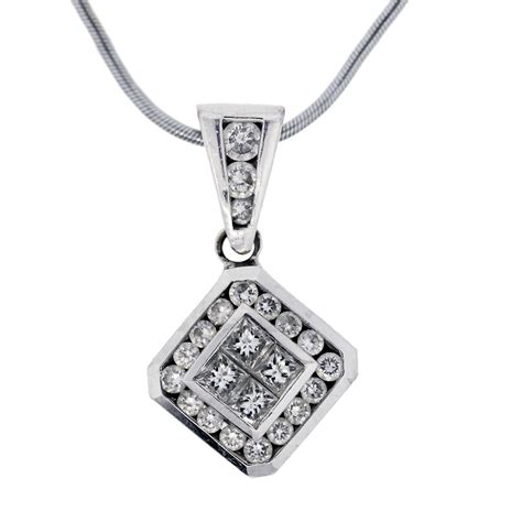 18k White Gold Princess Cut Diamond Square Pendant Necklace