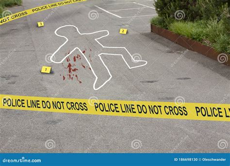 Crime Scene Do Not Cross Police Tape Chalk Outline Circles A Human
