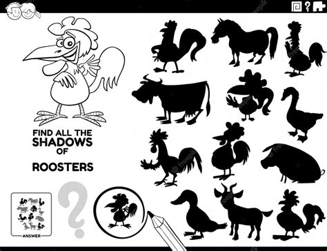 Premium Vector Shadow Game With Cartoon Rooster Coloring Page