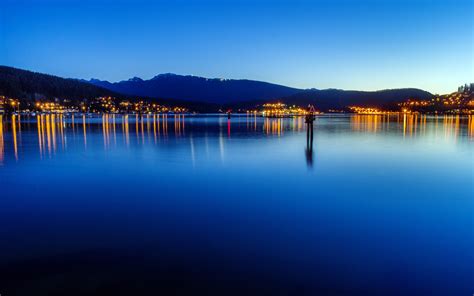 Landscape Nature Evening Clear Sky Calm Lake Lights Town Hill