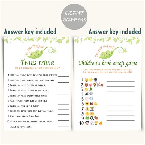 Printable Twins Baby Shower Games Two Peas In A Pod Twin Baby Etsy
