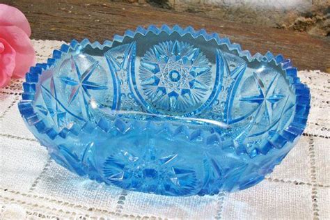 Wheaton Pressed Glassware Oblong Bowl By Kemple Yutec Pattern Dark Blue Glass Stars Fans And