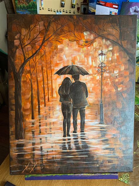 Couple Under Umbrella Painting Love Original Art Autumn Park Etsy