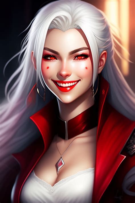 Lexica Anime Girl With White Hair And Red Eyes Smiling Teeth Showing Vampire Teeth Red