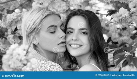 Spring Banner With Women Girlfriends Outdoor Spring Girls Lesbian Couple Kissing Beautiful