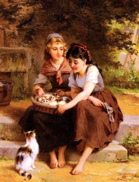 Two Girls With A Basket Of Kittens By Emile Munier Arte Con Gatos