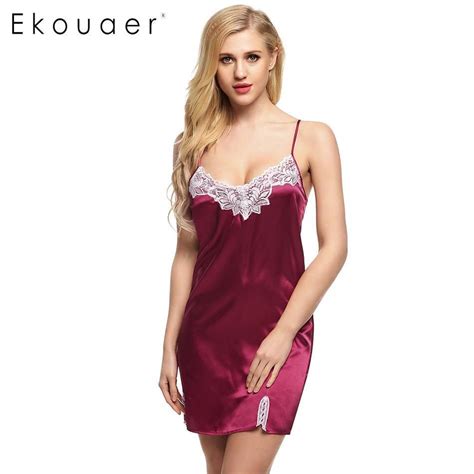 Ekouaer Women Sexy Nightgown Satin Lace Splicing Nightwear Spaghetti Strap Night Dress Summer