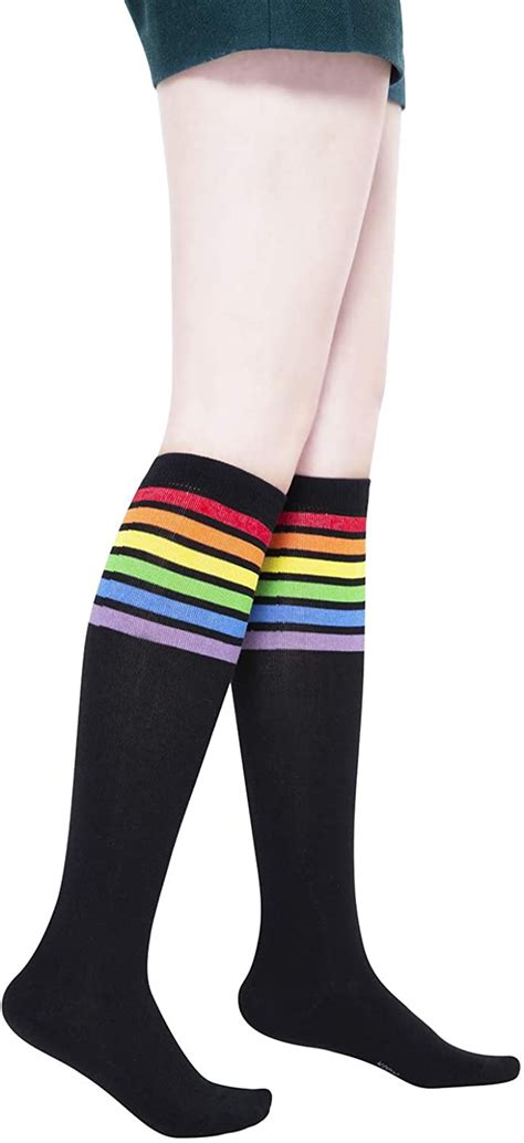Kony Womens Cotton Colorful Striped Rainbow Knee High Socks Black