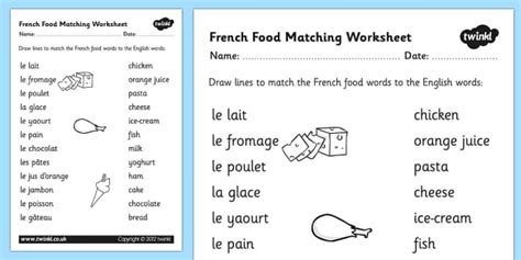 Printable french worksheets for 9th through 12th grade students can be used in a variety of ways. French Food Matching Words Worksheet - Languages Resources