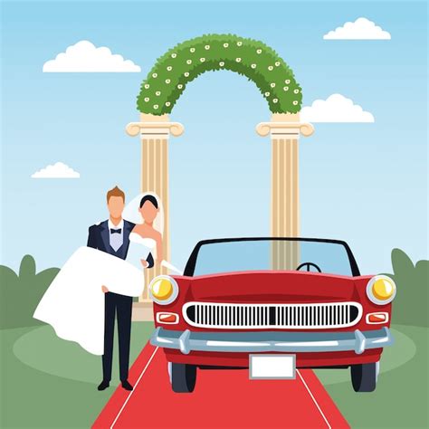 Noivo segurando a noiva nos braços e carro clássico vermelho no cenário recém casado Vetor Premium