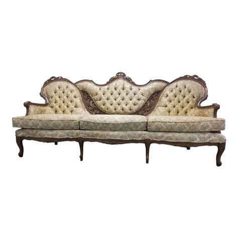 Vintage french provincial ornately carved loveseat settee w/ pink upholstery. 1950s Vintage Victorian French Provincial Sofa | Chairish