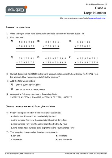 Large Numbers Worksheet For Class 4