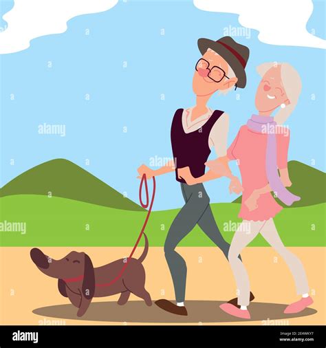 Seniors Active Old Couple Walking With Dog In Park Vector Illustration