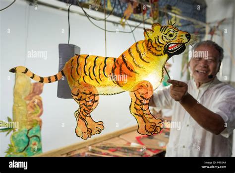 Behind His Shadow Puppet Stage A Performer Operates A Tiger Puppet