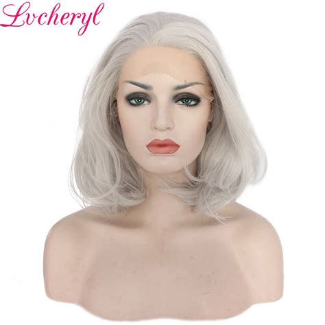 Lvcheryl Hand Tied Sliver Grey Short Wave Bob Synthetic Lace Front Wig